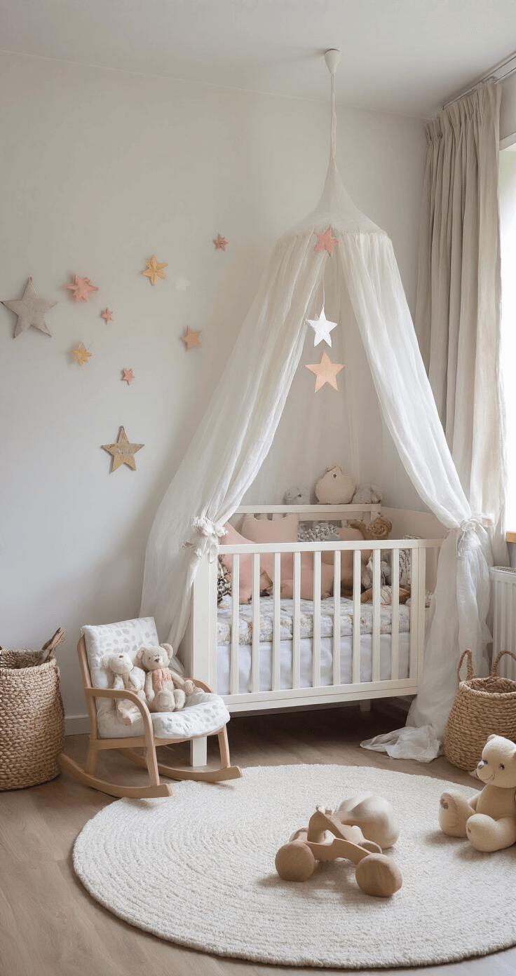 Kinderkamer in vroege ochtend met klein wit boompje versierd met zelfgemaakte decoraties, papieren sterren en vilten figuurtjes in pastelkleuren, zacht tapijt, schommelstoel met teddy en houten speelgoed, ondersteund door zacht gefilterd licht door kantgordijnen.