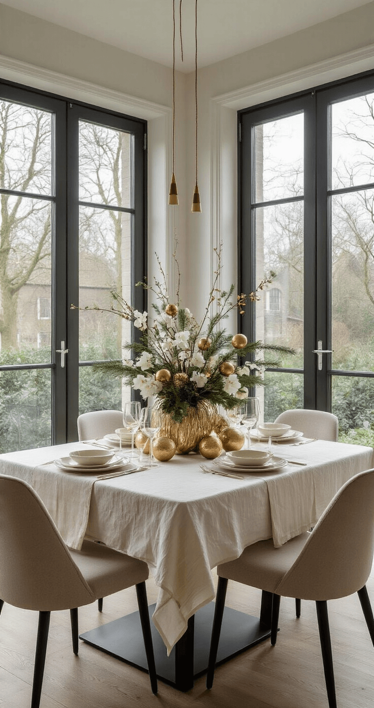 Moderne eetkamer met hoge ramen, verlichte kersttafel voor 8 personen, gedekt met een gebroken wit linnen tafelkleed en gouden loper. Centraal een arrangement van dennentakken, witte orchideeën en gouden kerstballen, omringd door handgeblazen glazen kandelaars en matte porseleinen serviezen.