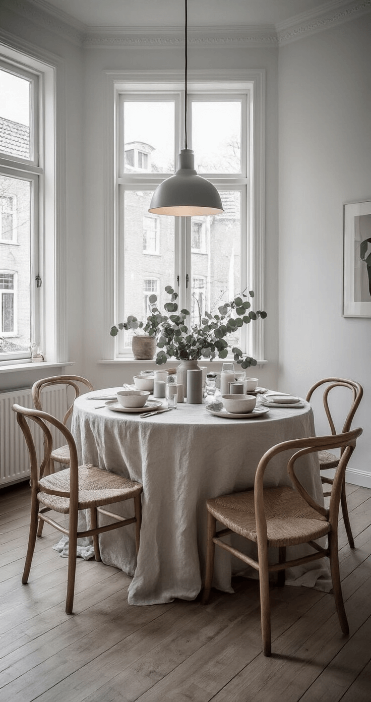 Een intieme eetkamer tijdens blauw uur met Scandinavische stijl: witgekalkte muren, eiken vloer, een ronde tafel voor zes personen gedekt met een natuurlijk linnen kleed en een centerpiece van eucalyptus en witte bessentakken. Minimalistisch steengoed servies en koperen bestek, verlicht door een vintage hanglamp die warm licht werpt. Gezien vanuit een 45 graden hoek van bovenaf met natuurlijk avondlicht.