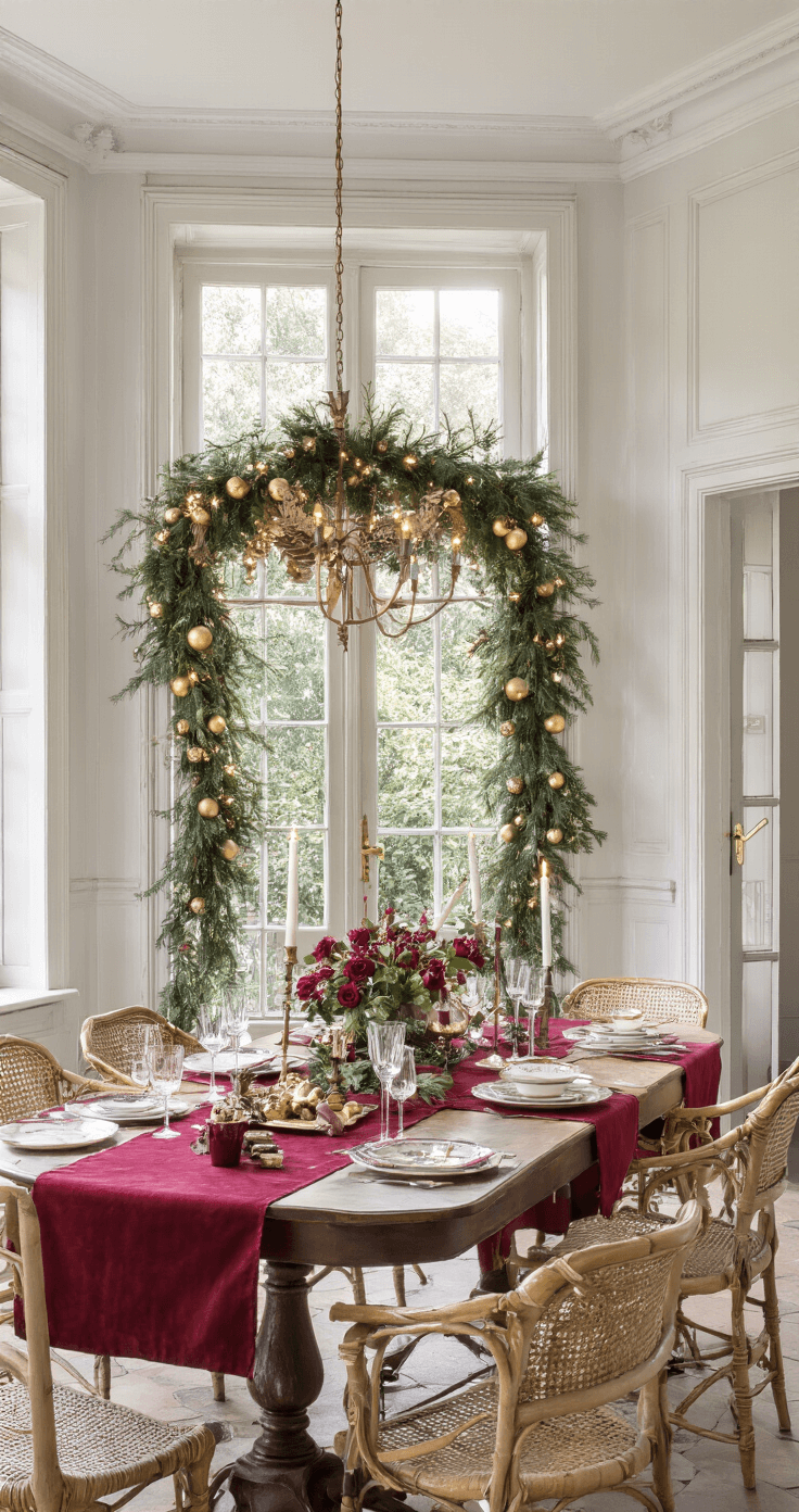 Klassieke woonkamer met erker in de late middagzon, Franse deuren naar het terras, een grote rechthoekige eettafel voor 12 personen gedekt met een diep bordeauxrood damast tafelkleed, een weelderig kerststuk met rode rozen en gouden kerstballen, kristallen wijnglazen en vintage porseleinen servies met gouden rand, gefotografeerd vanuit een laag standpunt met dramatische tegenlichtcompositie.