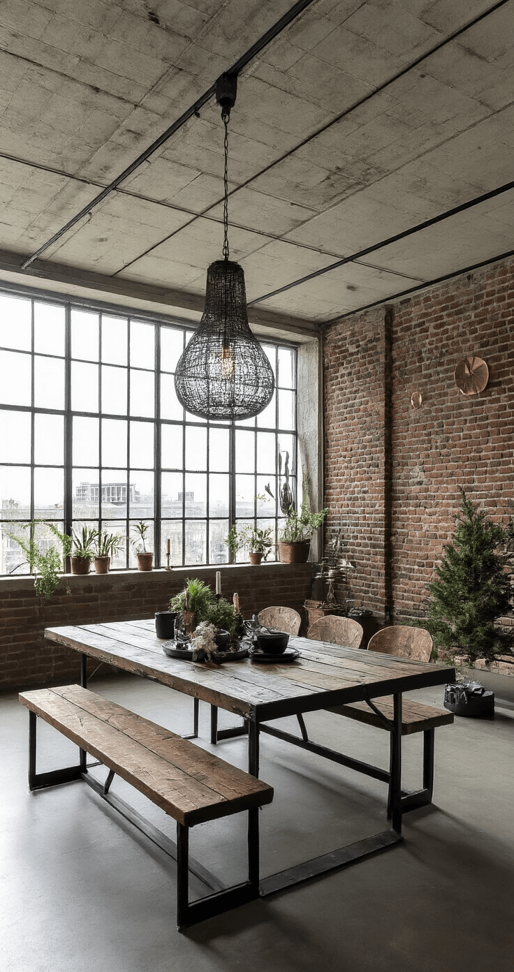 Industriële loft met betonnen plafond en bakstenen muur, verlicht door de middagzon. Een zwarte metalen tafel met een ruwe houten blad staat voor 10 personen, omgeven door urban jungle kerstdecoratie met varens en airplants. Zwart servies en geometrische messing kaarsenhouders zijn zichtbaar vanuit vogelperspectief, met nadruk op grafische patronen en contrasten.
