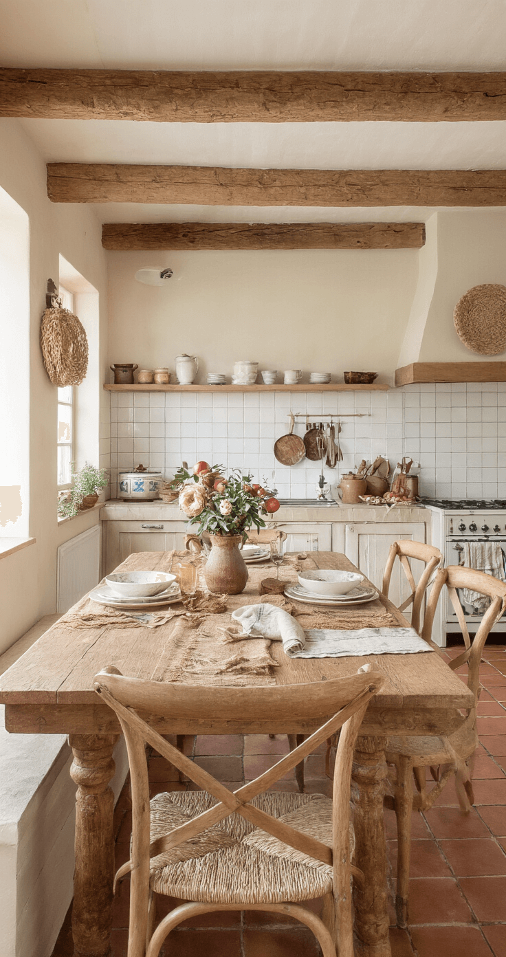 Landelijke woonkeuken met houten balken en terracotta vloer tijdens het gouden uur, voorzien van een brede houten tafel voor 8 personen, rustiek gedecoreerd met appels, dennenappels en kaneelstokjes. Vintage emaille servies en linnen servetten in aardse tinten, gefotografeerd op ooghoogte met een warme, nostalgische sfeer.
