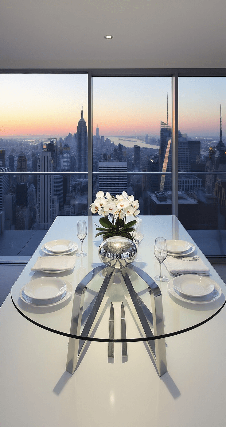 Moderne penthouse met panoramaramen en stadszicht bij zonsondergang. Binnenin een glazen eettafel voor zes personen met een minimalistisch winterwit arrangement van orchideen, veren en zilveren accenten. Het servies is modern en wit, met champagneglazen met een platina rand.
