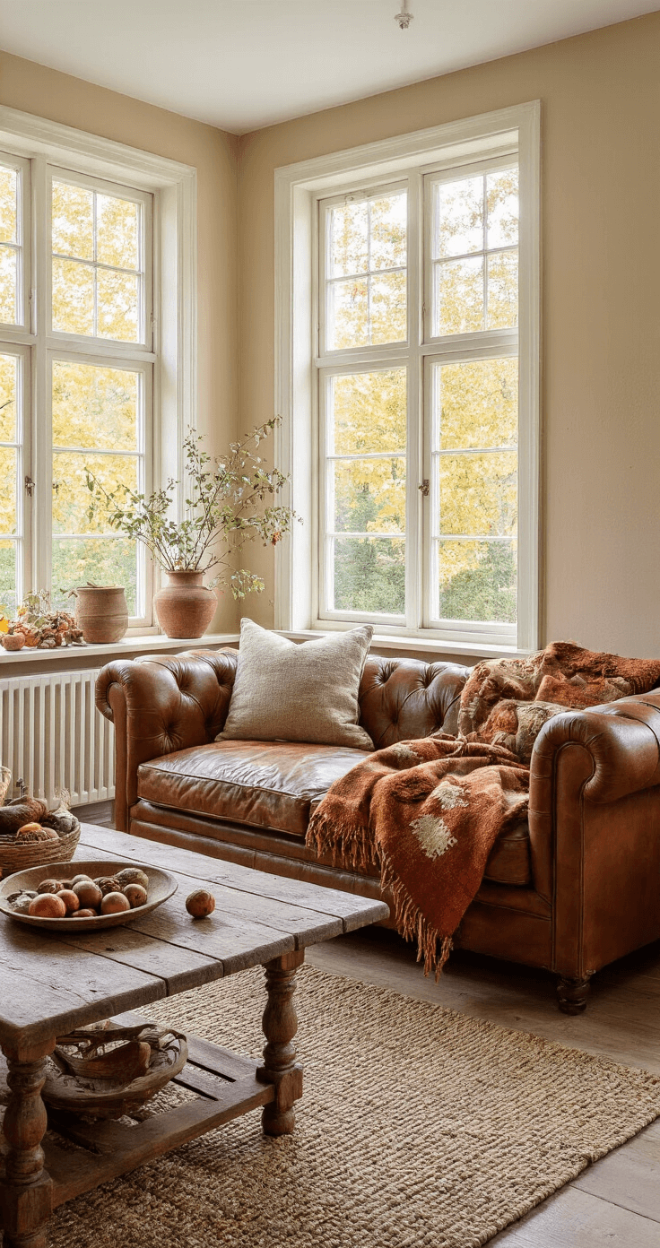 Een gezellige woonkamer in herfststijl met een vintage cognac leren bank, handgebreide plaids, een robuuste eiken salontafel vol herfstschatten, warme beige muren en houten wandplanken met kaarsen en pompoenen, verlicht door natuurlijk licht dat door grote ramen valt.
