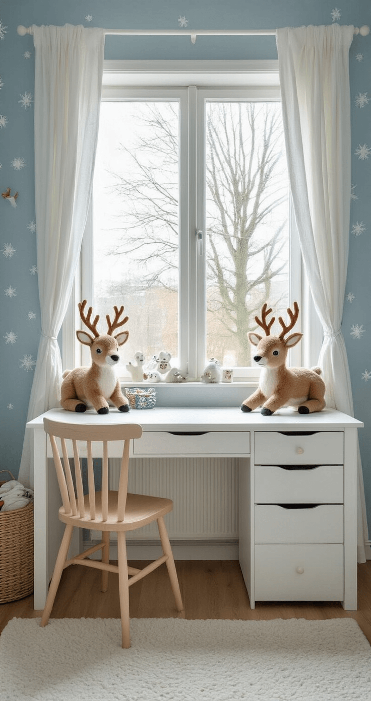 Kerst Knutselen: Magische Creatieve Momenten met Kinderen Een kinderkamer in de namiddag met zacht winterlicht, witte gordijnen, een wit bureau met zelfgemaakte rendieren van wc-rollen, en lichtblauwe muren versierd met papieren sneeuwvlokken. Vogelperspectief op het bureau, met nadruk op textuurdetails en een speelse, creatieve sfeer.
