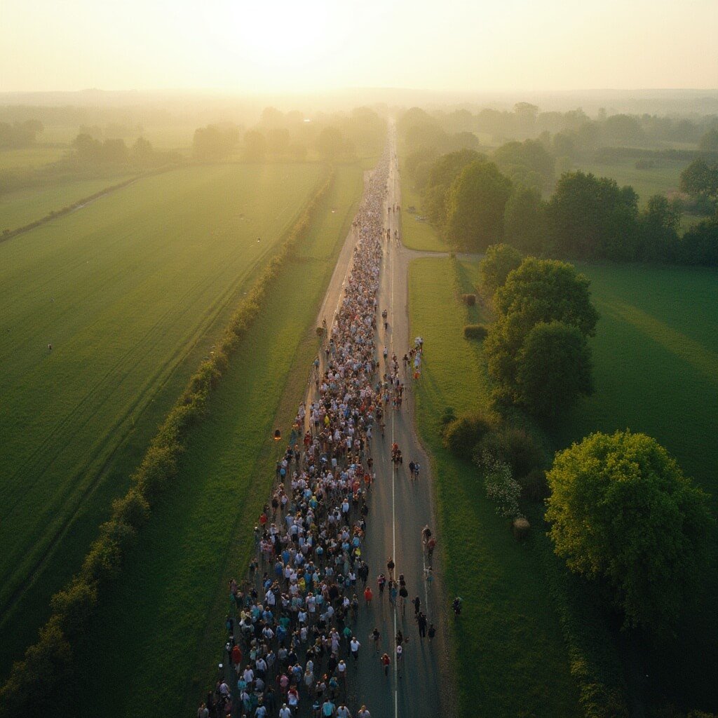 Uitstapjes Gelderland: Jouw Ultieme Gids voor Onvergetelijke Avonturen Luchtfoto van een massaal wandelevent met duizenden deelnemers die langs schilderachtige Nederlandse landschapwegen lopen, groene omgeving, zacht ochtendlicht, brede panoramische perspectief, realistische fotografie stijl.