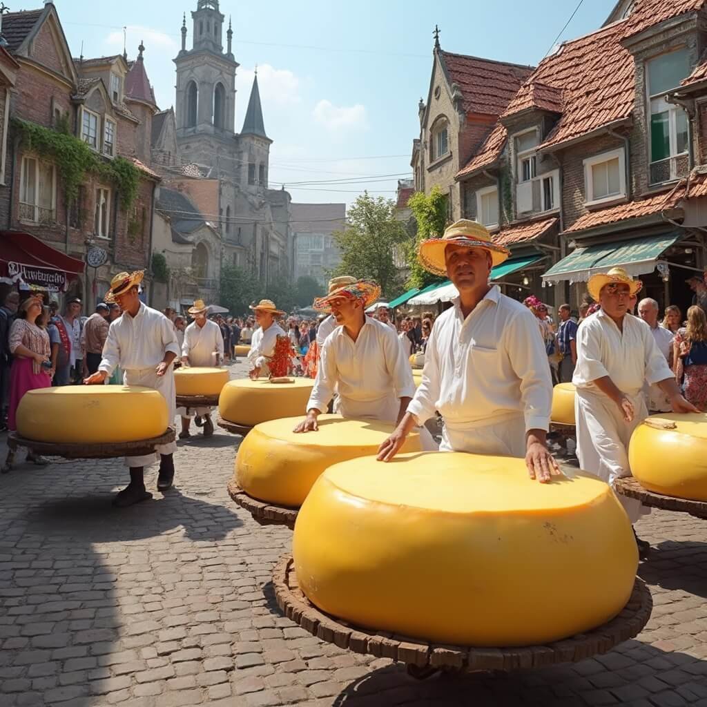 A lively Dutch cheese market in Alkmaar, showcasing traders in white attire and straw hats transporting golden Gouda on stretchers, amid historic guild houses and captivated crowds on cobblestone streets.