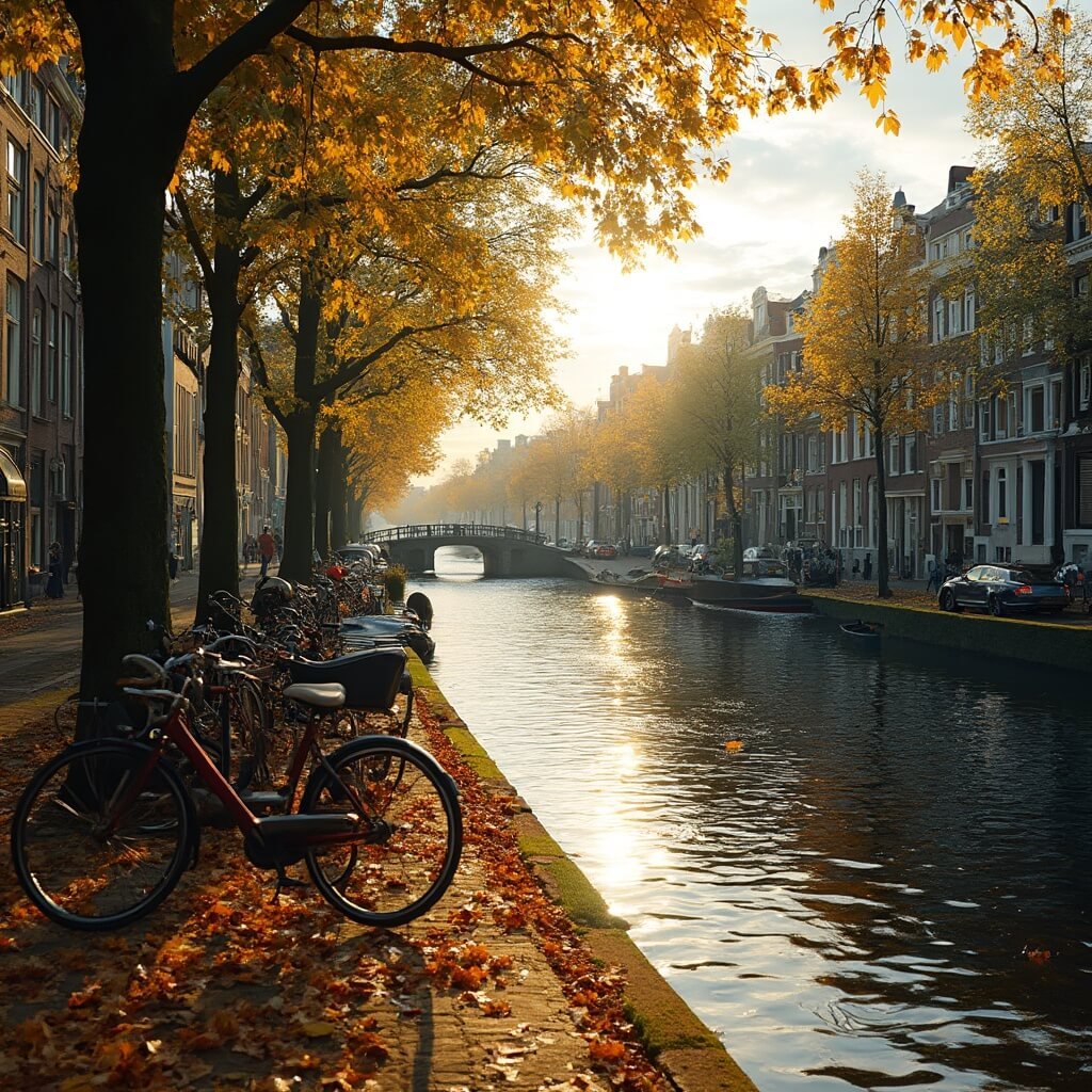 Leuke dingen om te doen in Amsterdam: Jouw Ultieme Avontuurlijke Gids! Een schilderachtig Amsterdams kanaal met traditionele Nederlandse fietsen geparkeerd langs de waterkant, historische smalle huizen met kleurrijke gevels, vallende bladeren in de herfst, gouden middagzon die op het water reflecteert, groene bomen langs het kanaal en een vredig stadslandschap zonder mensen.