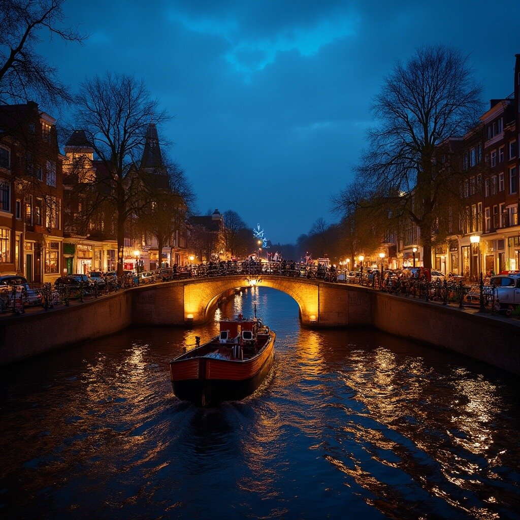 Leuke dingen om te doen in Amsterdam: Jouw Ultieme Avontuurlijke Gids! Evening scene on Amsterdam's canals during the Light Festival, featuring a historic illuminated bridge, warmly lit canal houses, and a classic wooden tour boat reflecting in the dark water under a deep blue sky.
