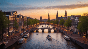 Aerial view of Amsterdam's canal ring at sunset, featuring historic canal houses reflecting golden light, traditional boats on the water, and cyclists on cobblestone streets. The skyline includes the A'DAM Tower and church spires, with street lamps lighting up bridges, creating a warm, cinematic twilight atmosphere.