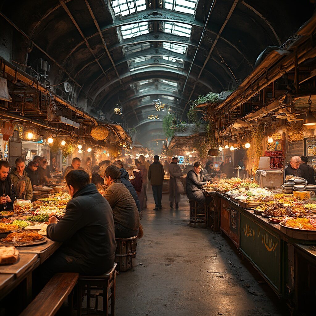 Leuke dingen om te doen in Amsterdam: Jouw Ultieme Avontuurlijke Gids! Een levendige, drukke overdekte voedselmarkt in Amsterdam met meerdere internationale voedselstands, warm licht, mensen die genieten van diverse keukens, houten tafels, een industrieel interieur met hoge plafonds, een authentieke culinaire sfeer, gedetailleerde voedselpresentaties en zacht achtergrondgepraat.