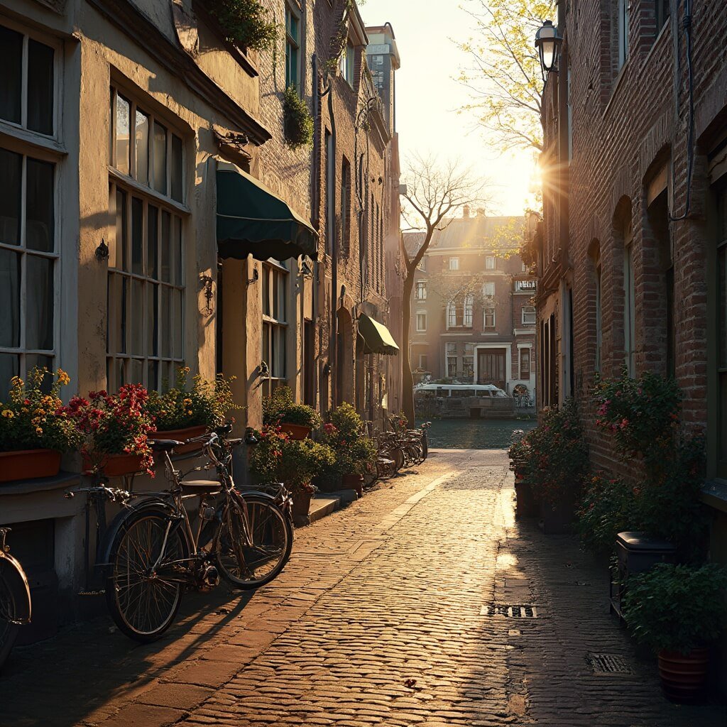 Leuke dingen om te doen in Amsterdam: Jouw Ultieme Avontuurlijke Gids! A narrow cobblestone street in Amsterdam's Jordaan district during golden hour, lined with traditional Dutch houses, blooming flower boxes, vintage bicycles, and small cafƩ terraces, with warm light reflecting off the canal water at the street's end.