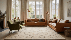 Het Ultieme Grote Vloerkleed: Jouw Gids naar een Stijlvolle Woonomgeving A spacious modern Dutch living room featuring a large beige wool rug beneath a cognac leather sofa and two moss-green vintage armchairs, with soft natural light streaming through tall windows, emphasizing warm earthy tones and textures.