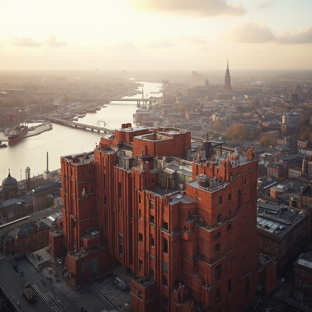 Leuke dingen om te doen in Antwerpen: De Ultieme Gids voor Avonturiers en Cultuurliefhebbers! Aerial view from a modern rooftop terrace overlooking Antwerp's harbor and cityscape at golden hour, highlighting the red brick MAS building and silhouettes of visitors enjoying the view from a glass-enclosed observation deck.