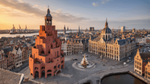 A panoramic view of Antwerp's skyline featuring the red sandstone Museum aan de Stroom, the ornate historic Grote Markt with its guild houses and Brabo fountain, and the grand Antwerp Central Station, all connected by the Scheldt River, captured during golden hour with warm lighting highlighting the city's architectural diversity.