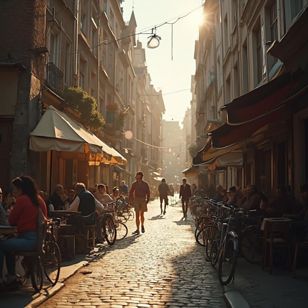 Leuke dingen om te doen in Antwerpen: De Ultieme Gids voor Avonturiers en Cultuurliefhebbers! Vintage straatbeeld in Antwerpen met een smalle kasseistraat, traditionele Belgische architectuur en warm gouden namiddaglicht. Mensen zitten in een buiten cafe, fietsen geparkeerd, zonder zichtbare gezichten. Realistisch gedetailleerd straatbeeld.