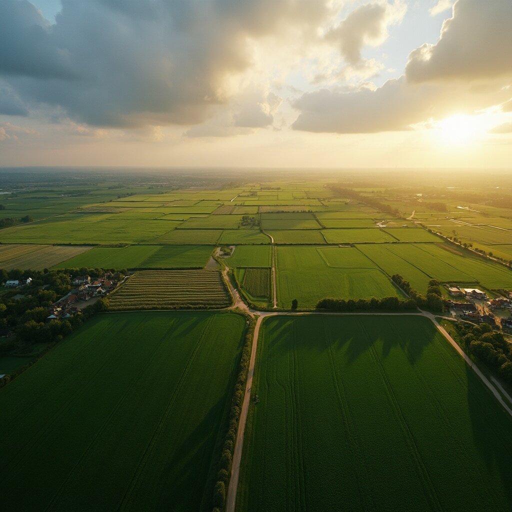 Aerial view of the Beemster polder landscape featuring geometric agricultural fields, canals, and tree-lined roads, with traditional Dutch farmhouses under golden hour lighting and dramatic clouds.