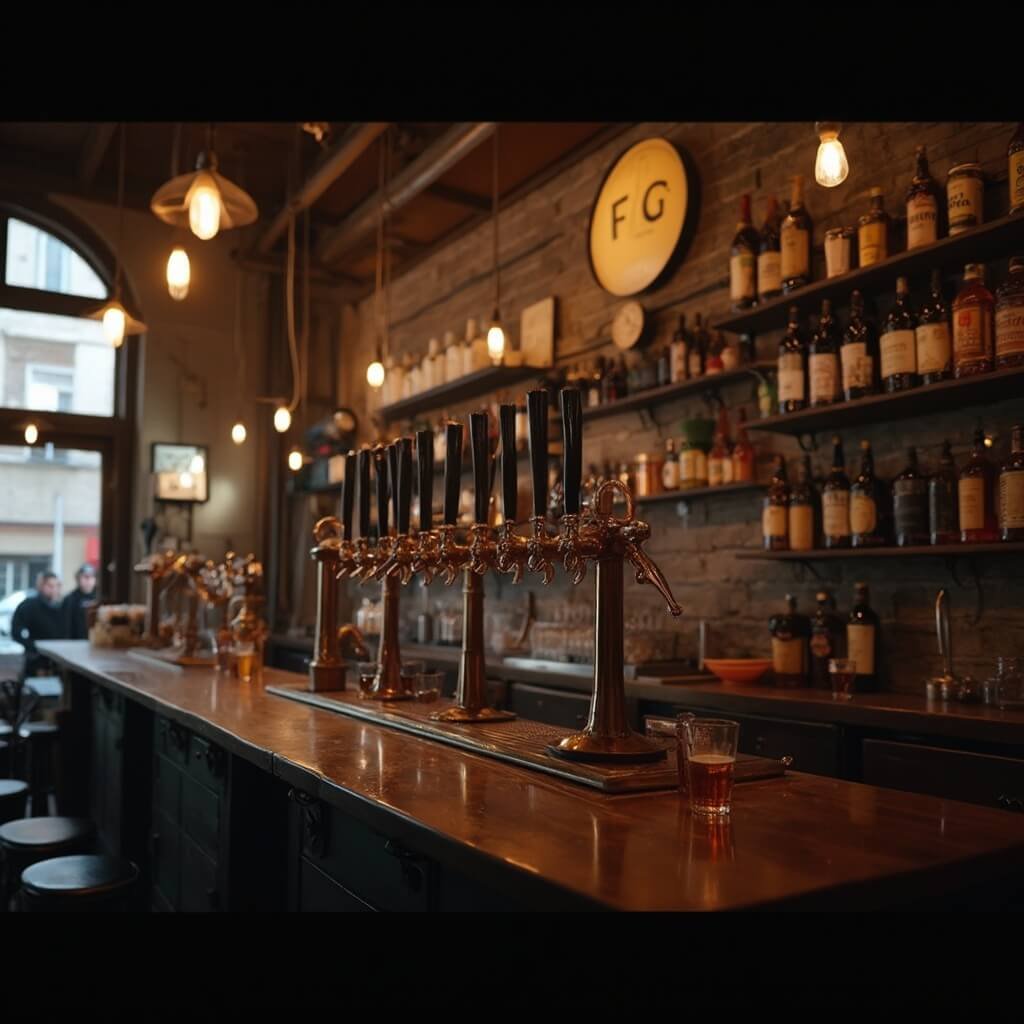 Leuke dingen om te doen in Antwerpen: De Ultieme Gids voor Avonturiers en Cultuurliefhebbers! Drukke Belgische bierbarinterieur met een donkere houten bar en koperen biertaps, craft beer glazen, warme sfeerverlichting, rustieke industriële sfeer, zonder mensen, met ingewikkelde details van brouw apparatuur en vintage bier memorabilia.