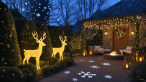 Kerst Buiten: Magische Winterpret voor het Hele Gezin Cinematic nighttime shot of a Dutch garden transformed into a magical Christmas wonderland, featuring LED string lights, life-sized illuminated reindeer, copper lanterns, snow-flake light projections, and a cozy fire pit area, all enveloped in a deep forest green and warm copper color palette during blue hour.