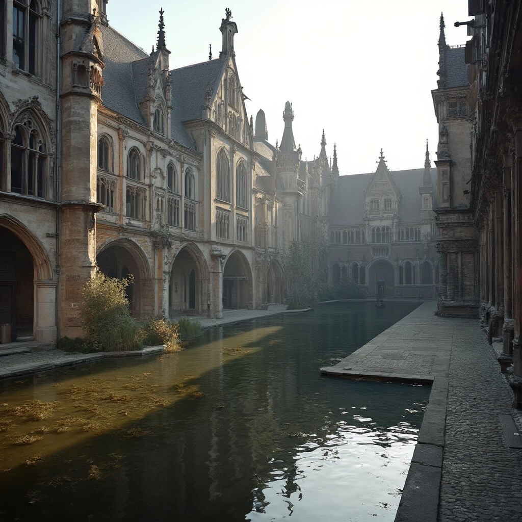 Majestic Gothic architecture of the Binnenhof in The Hague, with pointed spires and arched windows reflected in the calm Hofvijver pond, surrounded by ancient cobblestone courtyards, bathed in dramatic morning light that highlights the grandeur of Dutch political history.