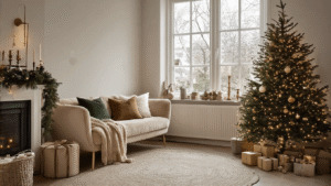 Kerstsfeer in Kleine Ruimtes: Hoe Creëer Je Een Magische Ambiance op Beperkte Vierkante Meters Intieme woonkamer van 15 m² met champagne-kleurige fluwelen bank, rijkelijke kerstdecoratie en mini dennenboom, verlicht door warm natuurlijk licht.