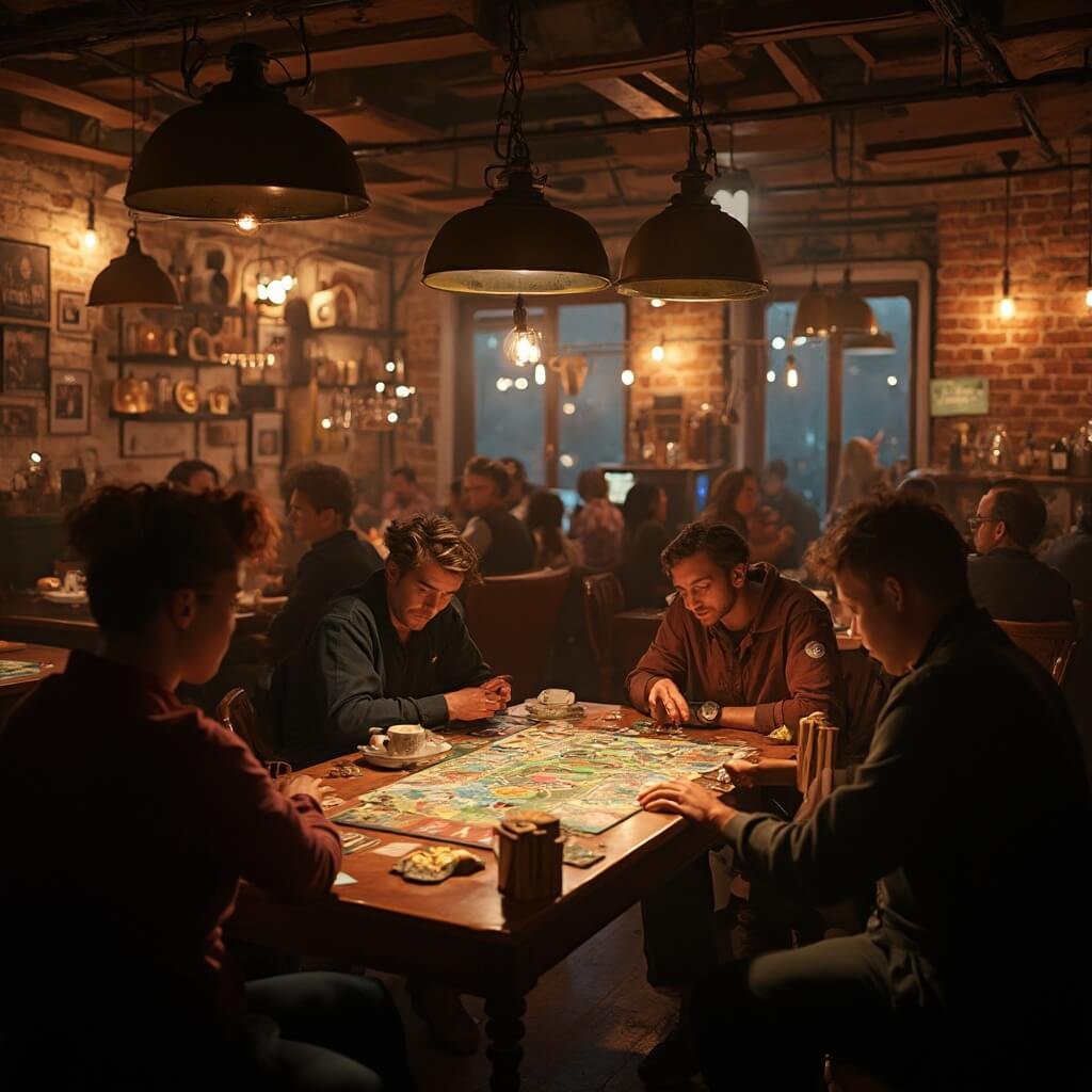 A cozy board game cafe featuring warm lighting, wooden tables with colorful games, people playing, vintage pendant lamps, exposed brick walls, leather armchairs, and coffee cups with snacks.