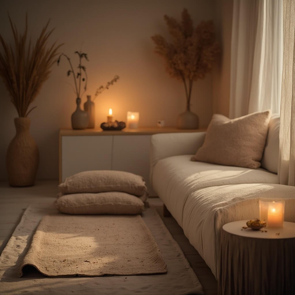 Gezellige woonkamer omgevormd tot een wellness-santuarium met zachte kaarsverlichting, een pluche yogamat, kruidenthee op de salontafel, warme neutrale tinten, een zen-achtige sfeer met minimalistische moderne decoratie en zachte ambient verlichting.