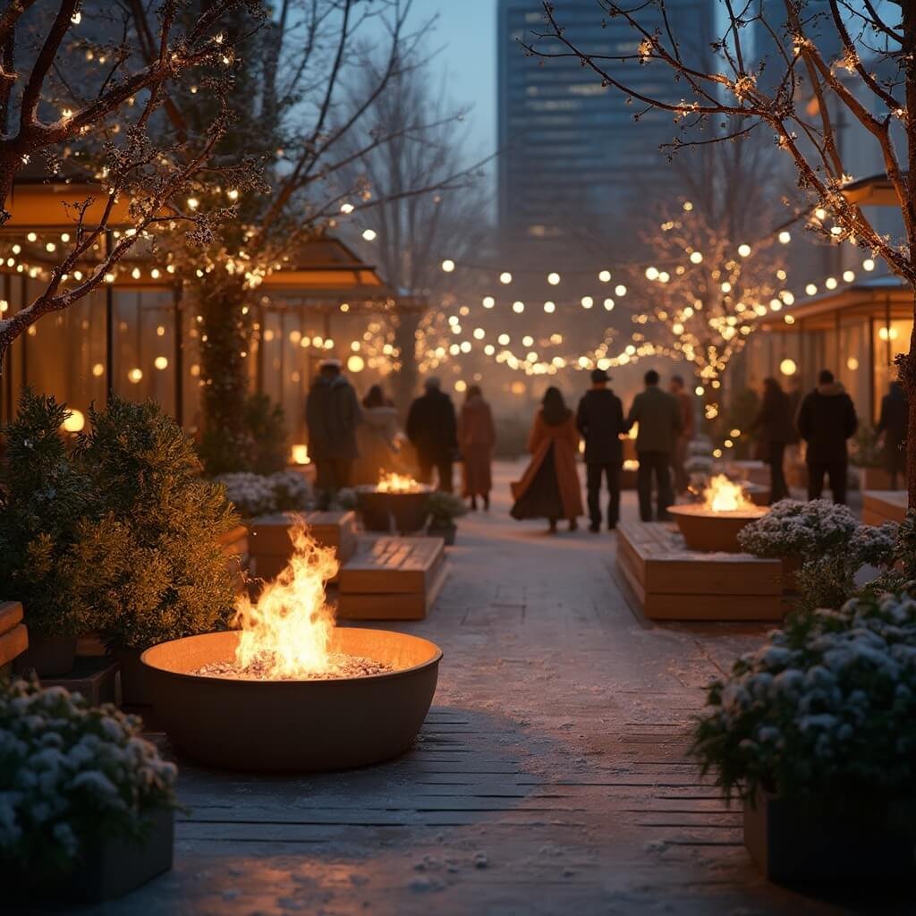Winter in Tilburg: Een Magisch Seizoen Vol Beleving en Plezier Een gezellige stedelijke wintertuin scène 's nachts, met zacht gloeiende vuurplekken, weelderige groene planten, een feestelijke winterse sfeer, houten platforms, warme verlichting, mensen die in winterkleding mingelen, een moderne stadsplein op de achtergrond, een sfeervolle avondstemming met een zachte stedelijke landschap.