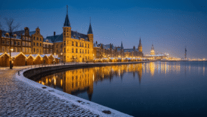 A picturesque winter nighttime cityscape of Den Haag, showcasing the illuminated Binnenhof reflecting in calm waters, surrounded by snow-dusted cobblestone streets, Christmas lights on medieval buildings, and wooden market chalets along Lange Voorhout, with the modern skyline of Scheveningen and its illuminated pier in the distance.