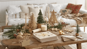 DIY Adventskalender: Creëer Jouw Persoonlijke Kerst Aftelling Warme Nederlandse woonkamer met rustieke eikenhouten salontafel vol DIY adventskalender materialen zoals crèmekleurig karton, glanzende scharen, gekleurd papier, kerststerren stickers, gouden nummerstickers, jute touw en kleine enveloppen. Zacht ochtendlicht door groot raam creëert bokeh-effecten. Achtergrond met gezellige zithoek, linnen kussens en kerstsfeer.