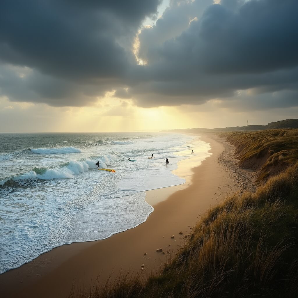 Leuke dingen om te doen in Zeeland: Jouw Ultieme Vakantiegids! Dramatic coastal scene at Domburg beach in Zeeland, featuring powerful ocean waves crashing on sandy shores, surfers riding waves in the distance, dynamic cloudy skies, and golden sunlight breaking through storm clouds, illuminating the sea and natural dune vegetation.