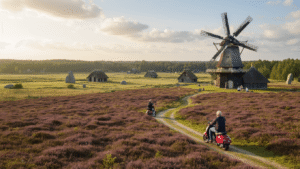 A panoramic view of a serene Dutch countryside in Drenthe, featuring a couple on e-choppers riding through purple heather fields, ancient dolmens, traditional thatched-roof farmhouses, a picnic group near a historic windmill, and lush forests, all under a partly cloudy sky during golden hour.