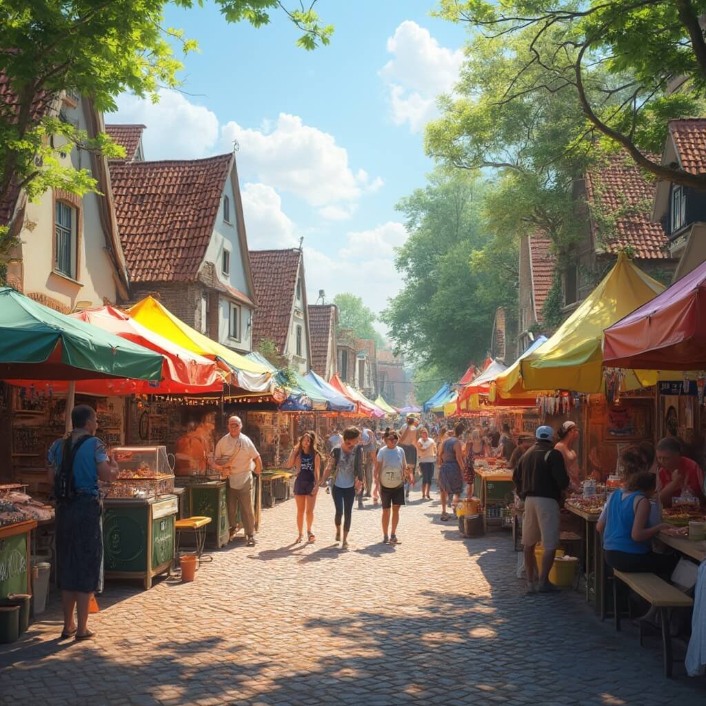 Vibrant zomers straatfestival in een dorp in Drenthe met kleurrijke marktkramen, lokale muzikanten, mensen die culinaire lekkernijen genieten, traditionele Nederlandse architectuur op de achtergrond, warm zonlicht, feestelijke en levendige sfeer, authentieke lokale cultuur.
