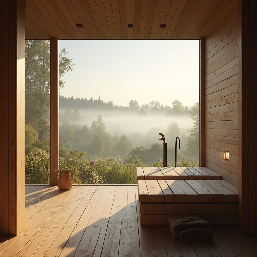 Zicht op een serene wellnessresort met een buiten-sauna die uitkijkt over het weelderige Drentse landschap in zacht ochtendlicht, mistige omgeving en houten architectuur die harmoniëert met de natuur; een kalme en vredige sfeer met opstijgende stoom, zonder zichtbare mensen.