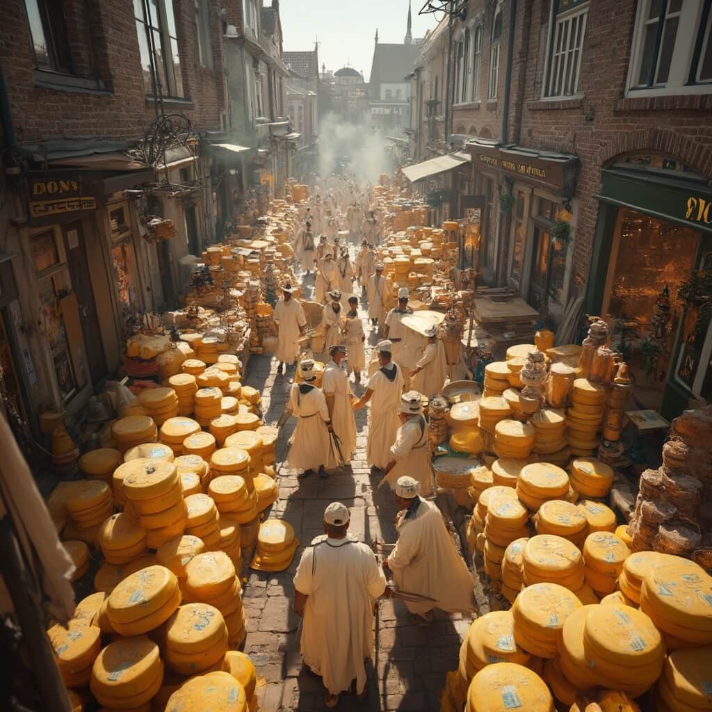 Luchtfoto van de traditionele kaasmarkt in Volendam, met mannen in witte outfit en houten draagstokken, omringd door historische gebouwen en kleurrijke kazen in het heldere ochtendlicht.