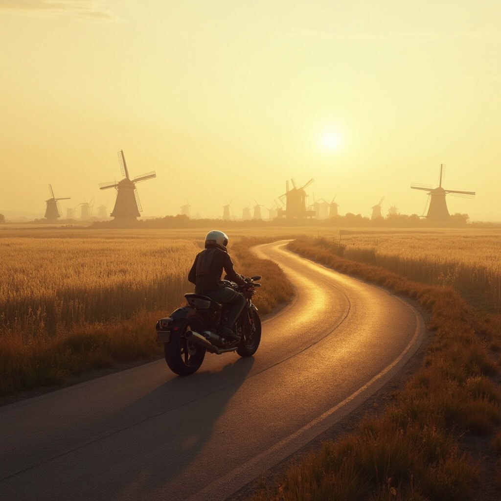 Panoramisch Nederlands landschap met een kronkelige plattelandweg, een e-chopper silhouet tegen gouden graanvelden, zacht ochtendlicht, in de verte windmolens, realistische fotostijl, ultra-gedetailleerd natuurlijk decor.