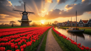 A vivid Dutch landscape at golden hour featuring a windmill, vibrant red tulip fields, a winding bicycle path, a traditional village, dramatic clouds, and a wooden fishing boat on a reflective canal, all captured in rich colors and sharp details.