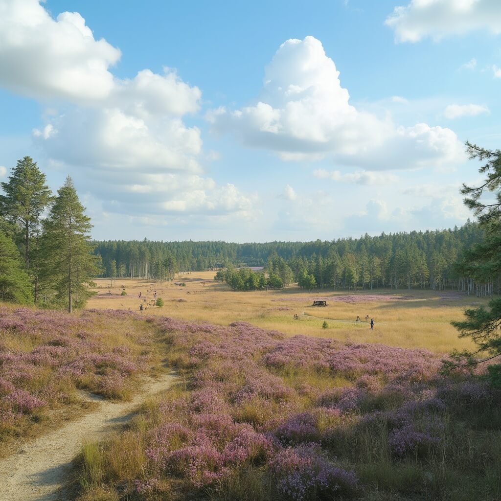 Expansive Dutch nature reserve showcasing rolling heathland with blooming purple heather, dense pine forests, families hiking sandy trails, scattered oak trees, wild deer in meadows, a clear blue sky with white clouds, wooden observation towers, mountain bikers on forest paths, and picnic areas with benches amidst the flat terrain and natural lakes.