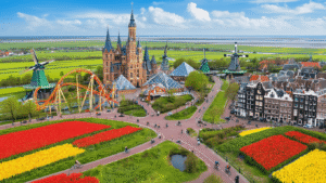 Aerial view of Dutch attractions including De Efteling castle, colorful roller coasters, traditional windmills, tulip fields, Amsterdam canal houses, and Wadden Sea mudflats, all connected by winding bike paths with cyclists under a blue sky.