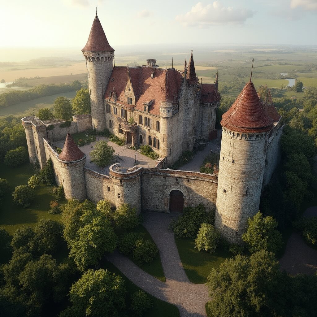 Uitstapjes Brabant: Jouw Ultieme Gids voor Onvergetelijke Avonturen in het Zuiden! A majestic medieval castle with tall stone towers and traditional Dutch architecture, surrounded by well-maintained gardens and ancient trees, bathed in warm afternoon light that casts long shadows across the grounds.