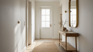 Smalle Hal Inrichten: Maak van je Kleine Entree een Ruimtelijk Paradijs Cinematic photograph of a bright, narrow Dutch hallway featuring white-washed walls, oak console table, brass-framed mirror, and minimalist decor, illuminated by soft morning light through a frosted glass door.