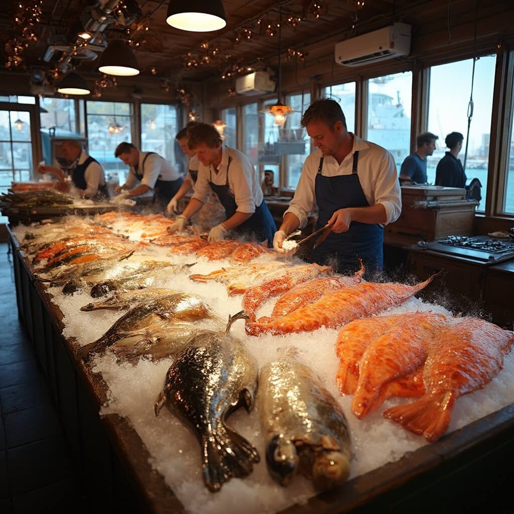 Traditionele Nederlandse zeevruchtenrestaurantinterieur bij Simonis, met een vers gevangen visdisplay, maritieme houten decoratie, vissers in schorten, veel licht, uitzicht op de haven door de ramen, authentieke lokale culinaire omgeving, glanzende verse zeevruchten op ijs.