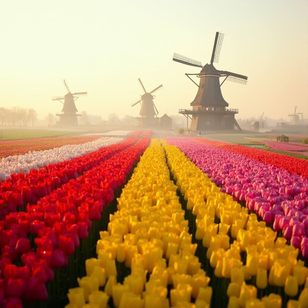 Kleurrijke tulpenvelden tussen Haarlem en Leiden onder zachte forenz zon, met rijen perfect uitgelijnde rode, gele en roze tulpen tegen een mistige achtergrond van traditionele Nederlandse windmolens.