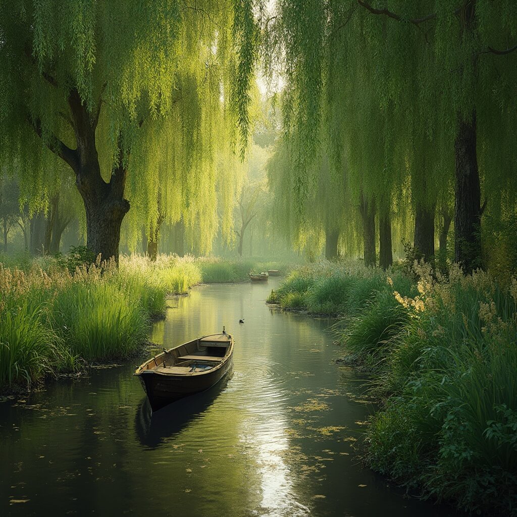 Uitstapjes Brabant: Jouw Ultieme Gids voor Onvergetelijke Avonturen in het Zuiden! A tranquil summer scene in a Dutch wetland, featuring a small wooden boat navigating winding waterways, surrounded by lush willow trees and dense reeds, with sunlight creating dappled reflections on the dark water and birds seen in the distance.
