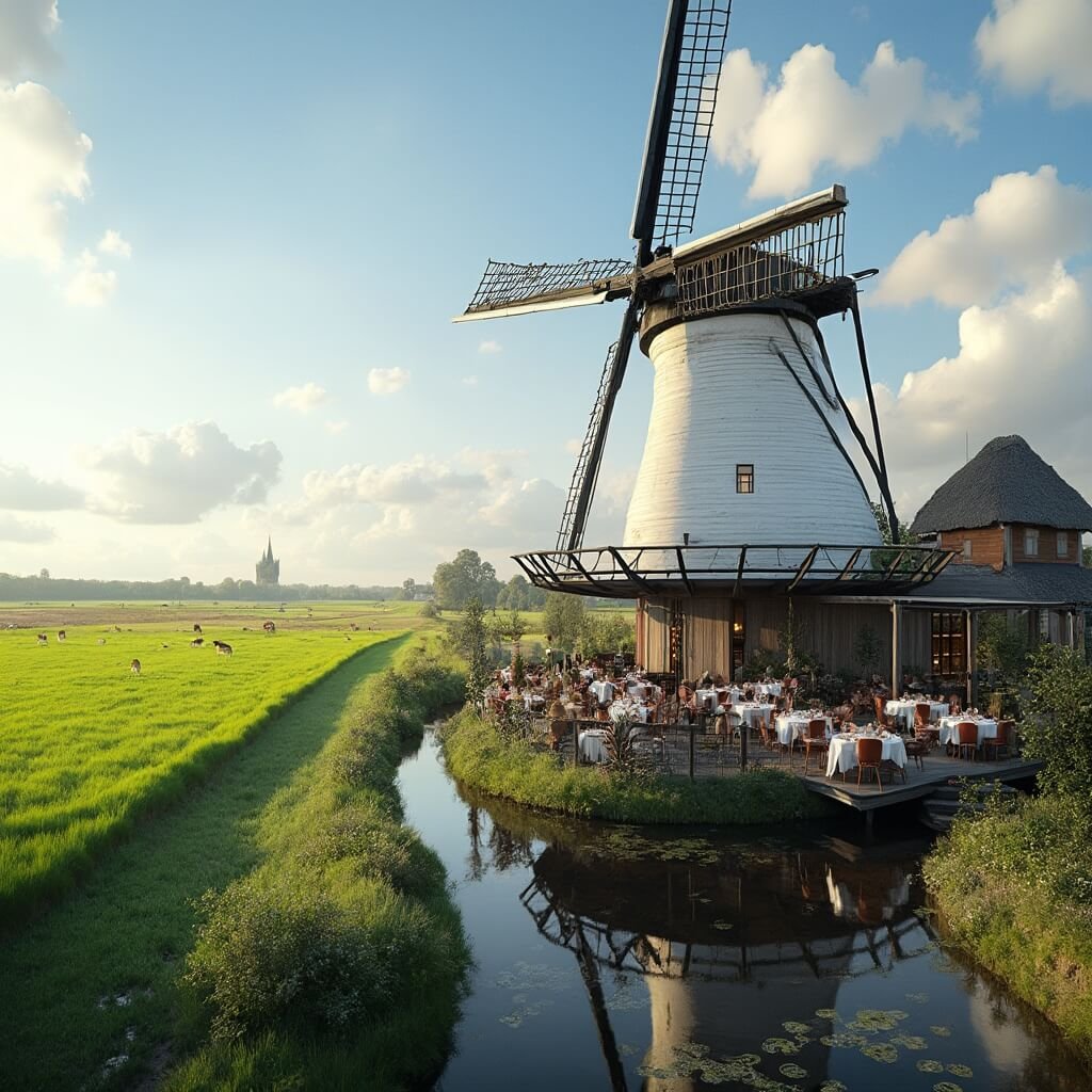 Leuke dingen om te doen in Nederland: Jouw ultieme gids voor onvergetelijke avonturen Charming Dutch windmill restaurant with dark wooden blades surrounded by lush green polders, reflecting in a canal, featuring outdoor dining on a wooden deck under warm afternoon sunlight.
