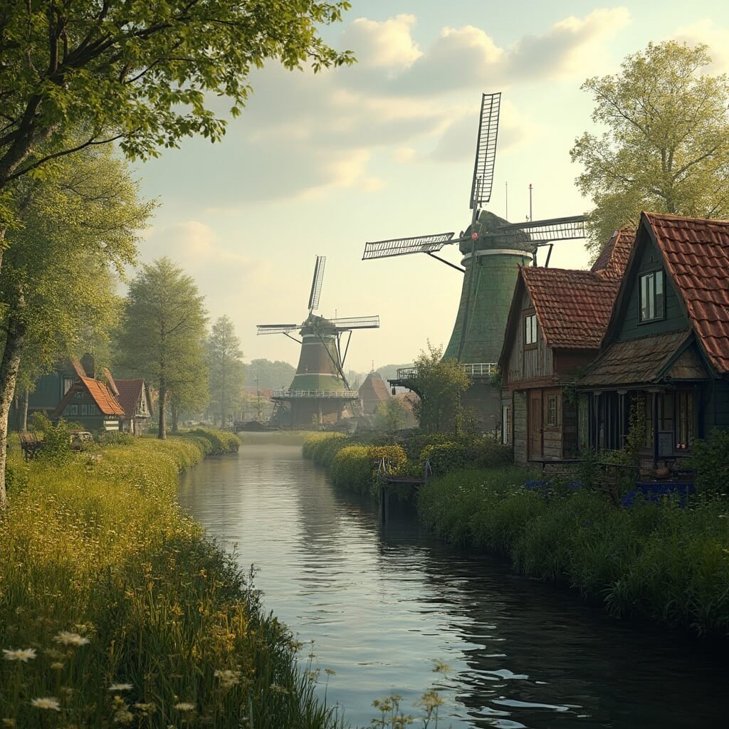 Leuke dingen om te doen in Nederland: Jouw ultieme gids voor onvergetelijke avonturen Schilderachtige Nederlandse landschap met traditionele windmolens in Zaanse Schans, levendig groen landschap, houten huizen met klassieke architectuur, zachte gouden zonlicht voor warme atmosferische belichting, gedetailleerde historische recreatie van authentieke Nederlandse plattelandsinstelling met waterkanaal op de voorgrond.