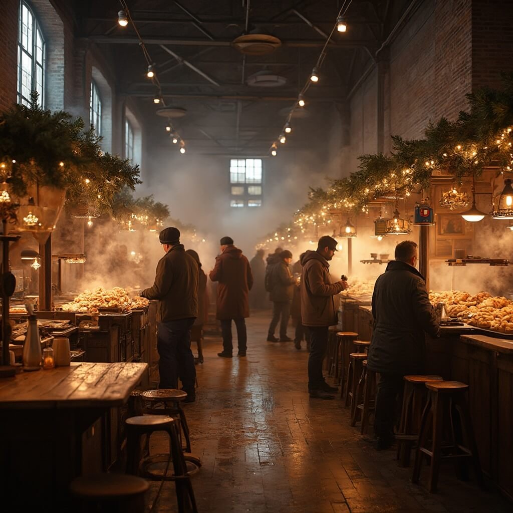 Winter in Tilburg: Een Magisch Seizoen Vol Beleving en Plezier A cozy indoor winter food market featuring traditional Dutch stalls with pine branches and fairy lights, steam rising from glühwein kettles, fresh churros being prepared, and poffertjes cooking, as visitors gather around wooden tables in a warm and inviting atmosphere.