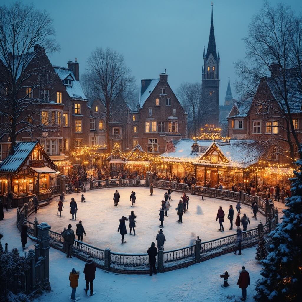 Winter in Tilburg: Een Magisch Seizoen Vol Beleving en Plezier A picturesque Dutch winter cityscape at dusk, showcasing a historic town square with an illuminated ice skating rink, warm golden lights between brick buildings, people skating as snow falls, and cozy wooden chalets offering hot chocolate and treats under a soft blue twilight sky.