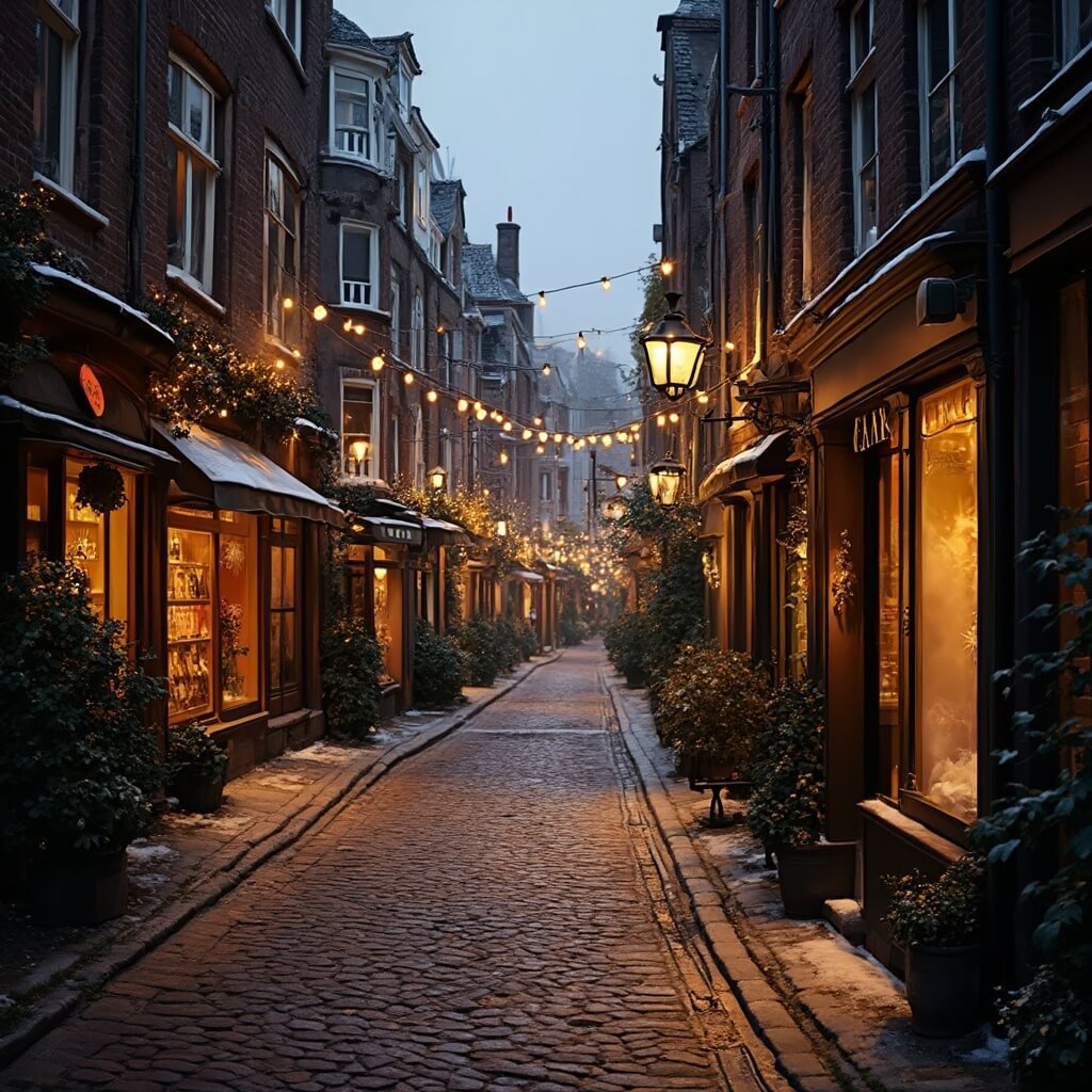 Winterwonder in Maastricht: De Ultieme Gids voor Magische Winterbeleving A charming cobblestone street in a historic Dutch city at twilight, adorned with traditional architecture, warm golden lights, and a light dusting of snow, featuring elegant shop windows and cozy cafes with steamy interiors.
