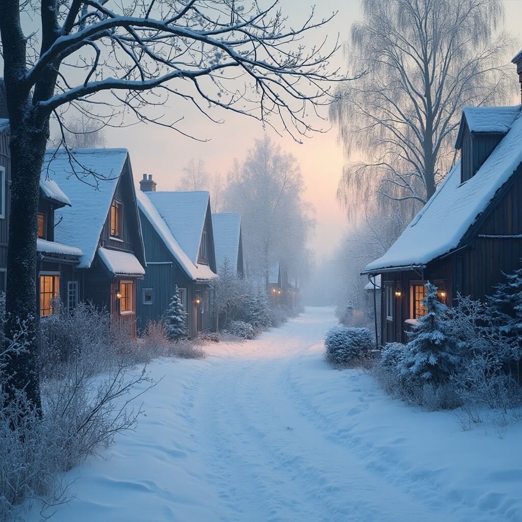 Sereen winterlandschap in Nederland, met een sneeuwbedekt traditioneel Nederlands dorp, houten huizen, een zachte mistige sfeer, kale bomen met rijp, warme gloeiende vensters en vredige twilight-kleuren.